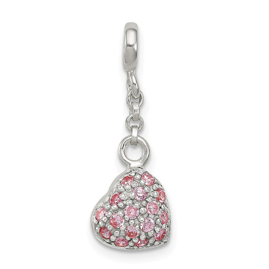 Sterling Silver Pink CZ Puffed Heart 1/2in Dangle Enhancer