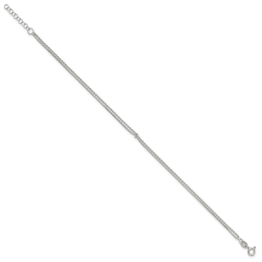Sterling Silver Polished Beaded Double Strand 9 inch with 1 inch Extension Anklet