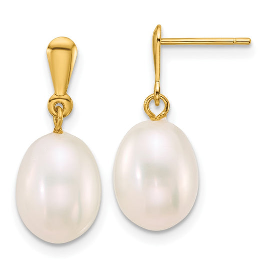 10k Polished 8-9mm Rice White Freshwater Cultured Pearl Dangle Post Earrings