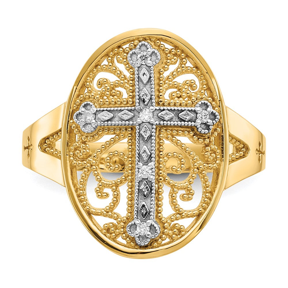 14k Yellow & White Gold Diamond Filigree Cross Ring Size 7.5