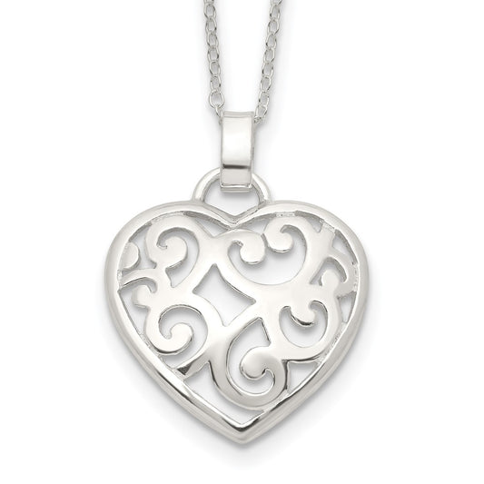 Sterling Silver Filigree Swirl Heart Necklace 18 Inches