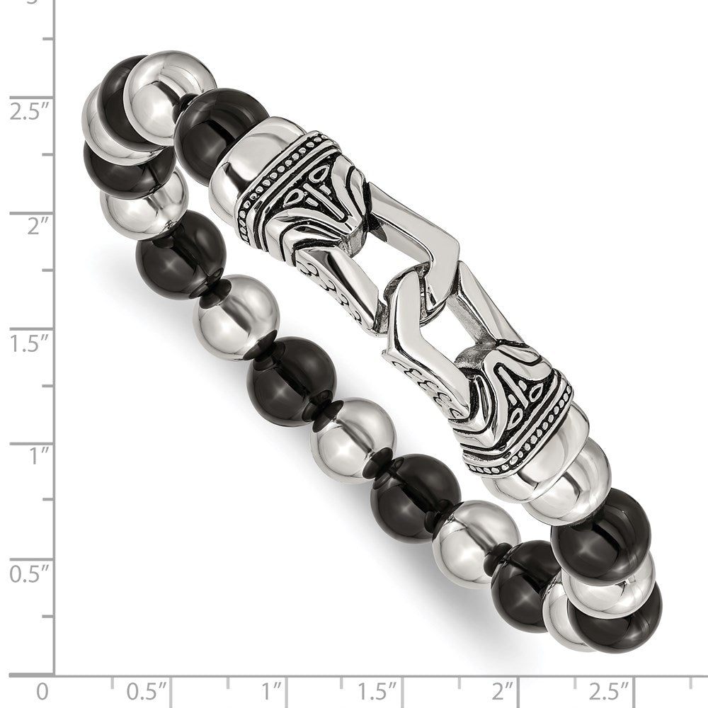 Stainless Steel Antiqued and Polished Black Agate Stretch Bracelet 7.25 inches