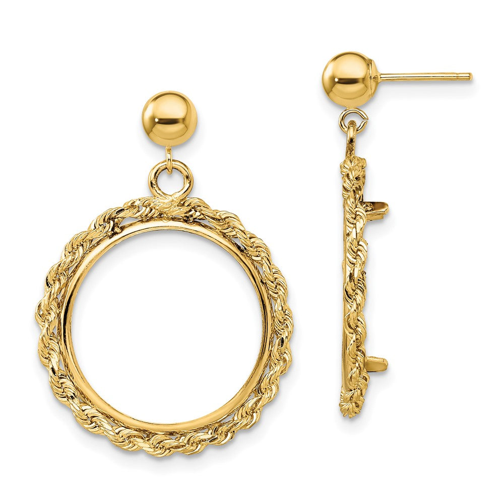 Wideband Distinguished Coin Jewelry 14k Polished Rope 16.5mm Prong Coin Bezel Post Dangle Earrings