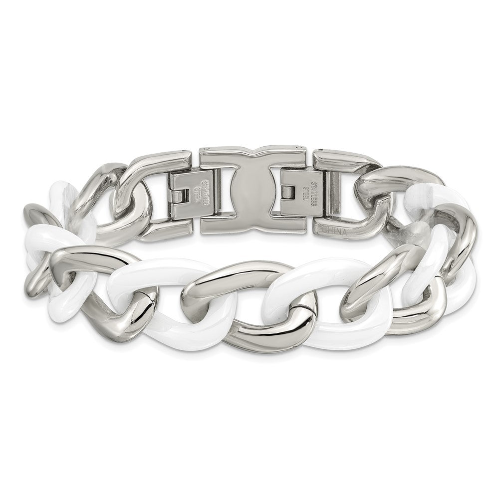Stainless Steel Polished w/White Ceramic 7.5in w/1in ext. Bracelet 7.25 inches