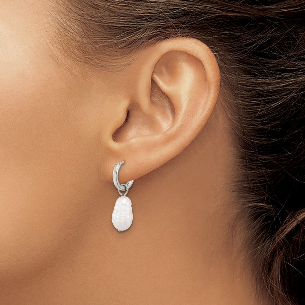 Chisel Stainless Steel Polished White Baroque Freshwater Cultured Pearl Dangle Hinged Hoop Earrings