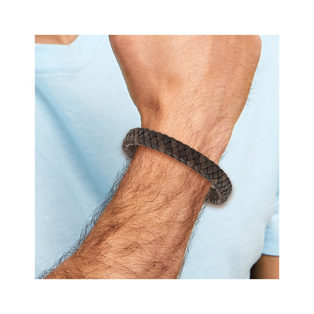 Stainless Steel Polished Rose IP Braided Brown Leather 8.5in Bracelet 8.5 inches