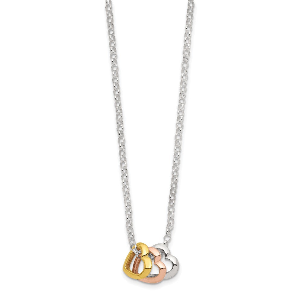 Sterling Silver and Vermeil Polished Fancy 3-Heart Necklace 18 Inches