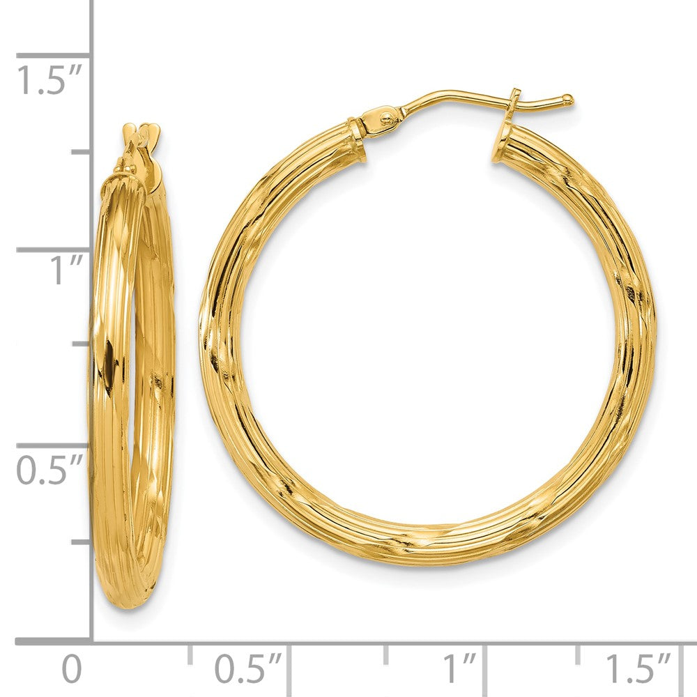 14K Polished and Grooved Round Hoop Earrings