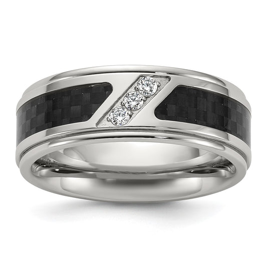 Chisel Titanium Polished with Black Carbon Fiber Inlay and CZ 8mm Band Size - 13.5
