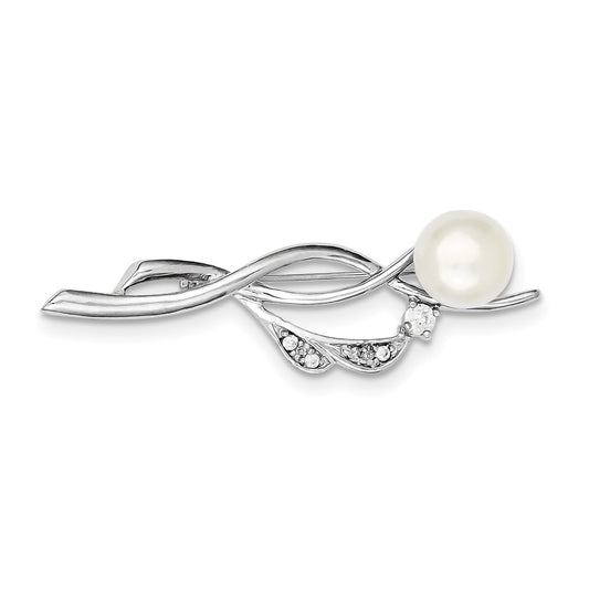 Sterling Silver Rhodium-plated Clear CZ and White Freshwater Cultured Pearl Pin Brooch QQP883