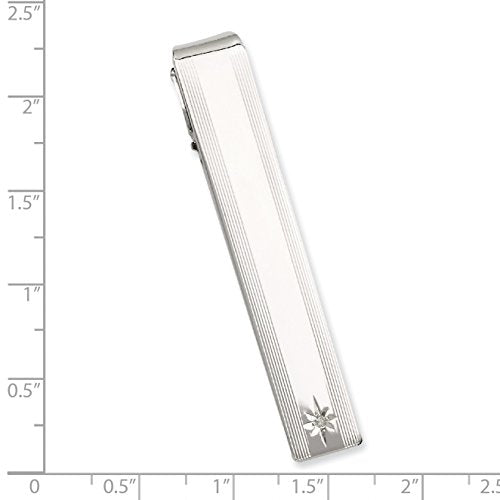 Solid Polished and satin Engravable (front only) Rhodium Plated .01 Ct. Diamond Tie Bar Measures 53x8mm Wide - Tie Clip