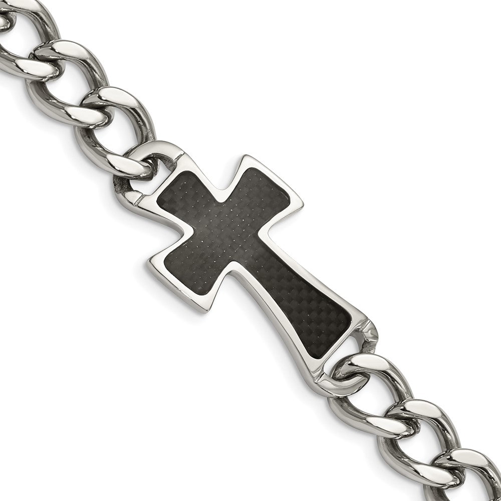 Stainless Steel Polished Black Carbon Fiber Inlay Cross 8.5in Bracelet 8.5 inches