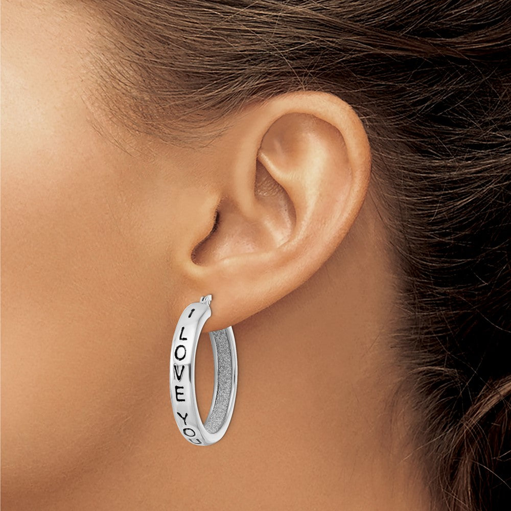 Sterling Silver Rhodium-plated Fabric Glitter I Love You Hoop Earrings
