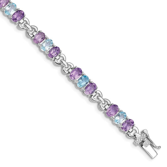 Sterling Silver Rhodium-plated Amethyst and Blue Topaz Bracelet 7.25 inches