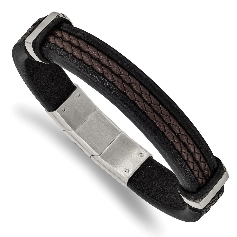 Stainless Steel Polished Black/Brown Braided Leather w/.5in ext. Bracelet 8 inches