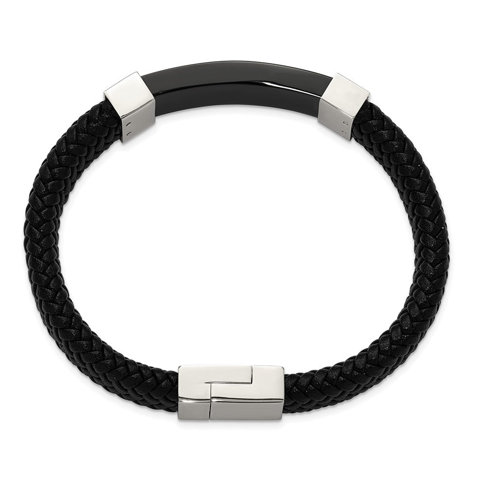 Stainless Steel Polished Black IP-plated Black Leather 8.5in Bracelet 8.5 inches