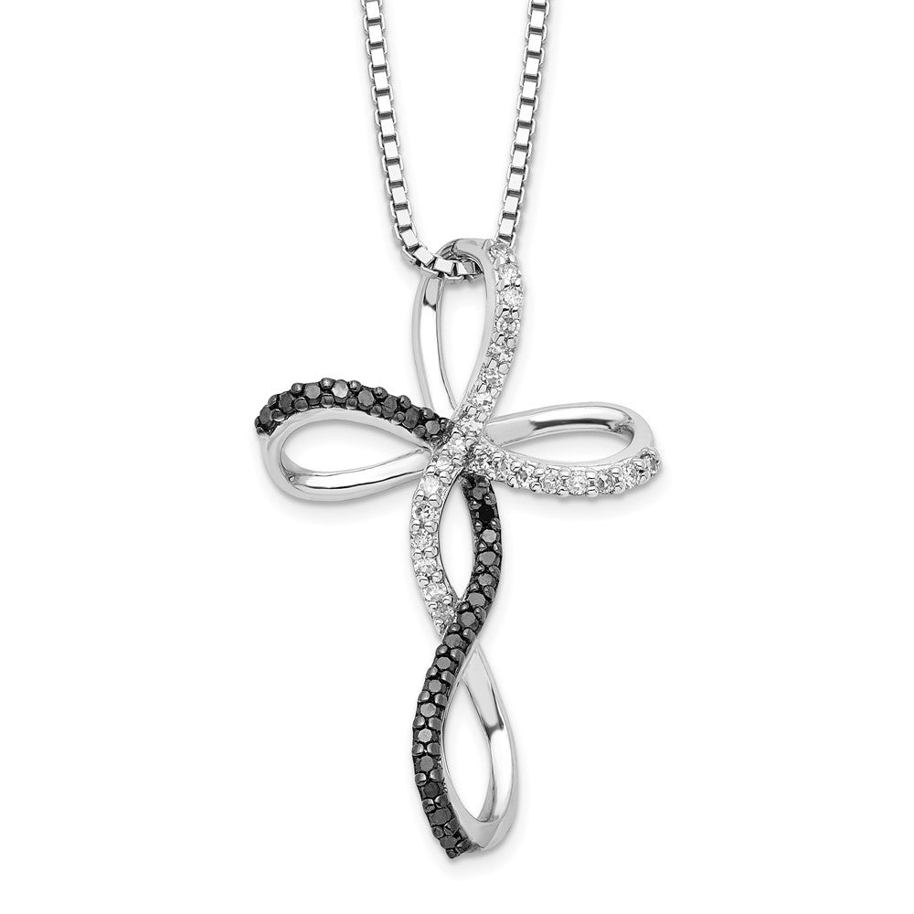 White Night Sterling Silver Rhodium-plated Black and White Diamond Cross 18 Inch Necklace with 2 Inch Extender 18 Inches