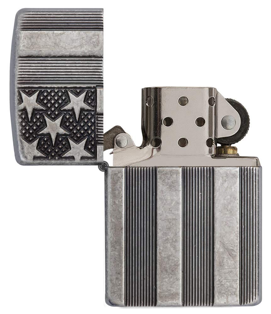 Zippo Armor Antique Silver Plate American Flag Pocket Lighter