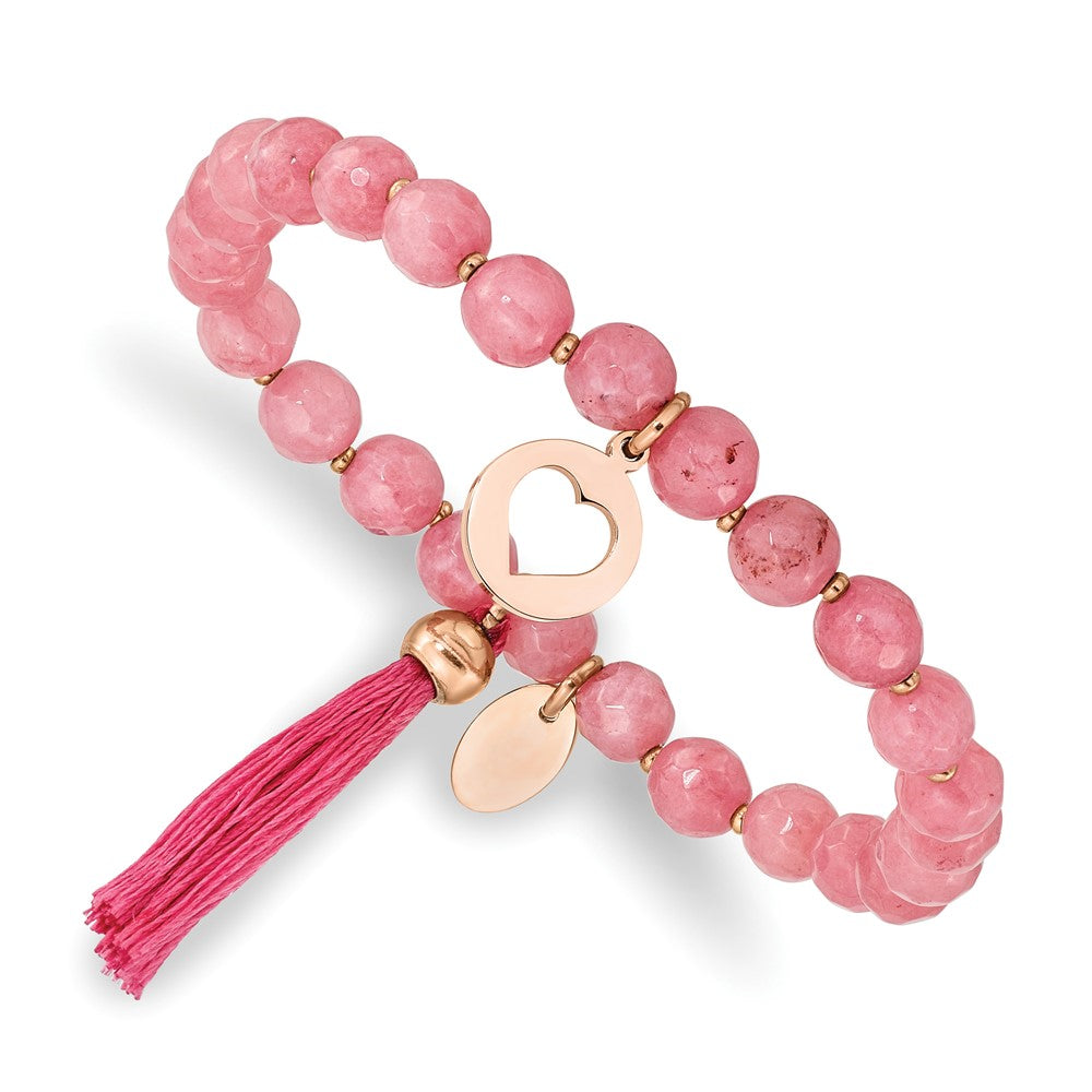 Stainless Steel Polished Rose IP Heart w/Tassel Pink Jade Beaded Bracelet 6.5 inches