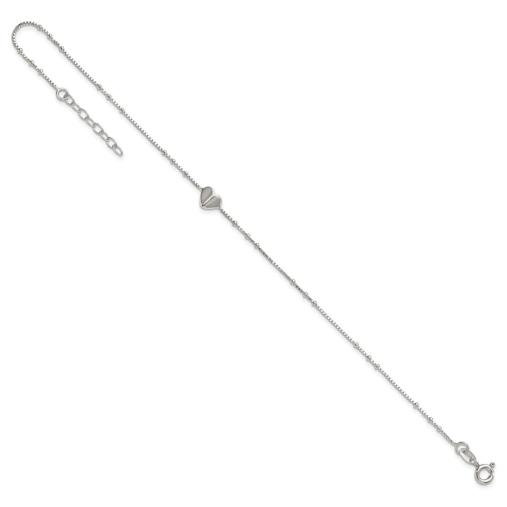 Sterling Silver Polished and Beaded Heart 9 inch with 1 inch Extension Anklet