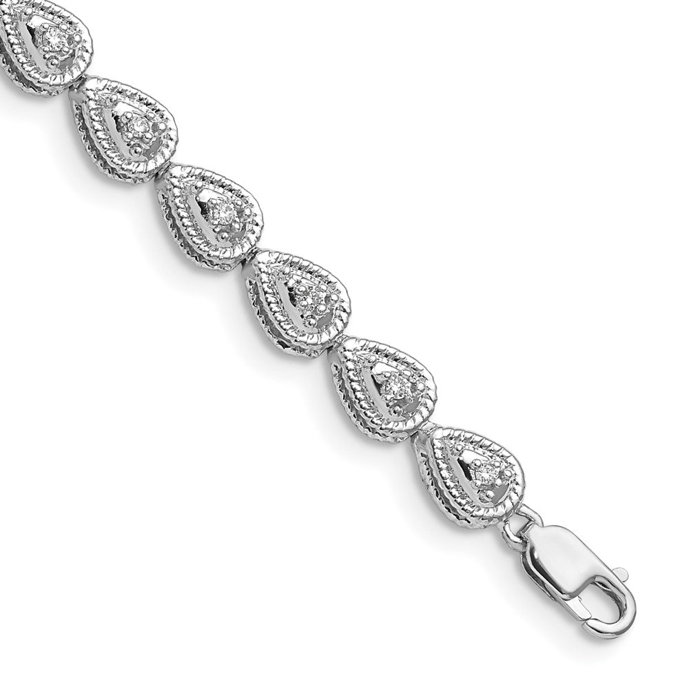 Sterling Silver Rhodium Plated Diamond Teardrop Link Bracelet 7 inches
