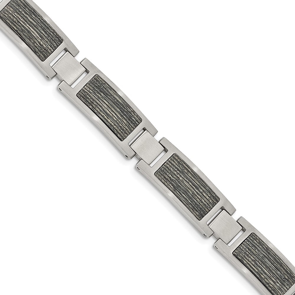 Stainless Steel Brushed with Grey Wood Inlay 8.75in Bracelet 8.75 inches