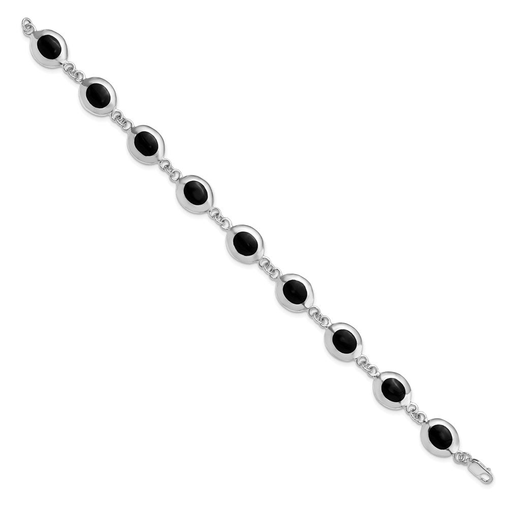 Sterling Silver Rhodium-plated Fancy Polished Onyx Bracelet 7 inches