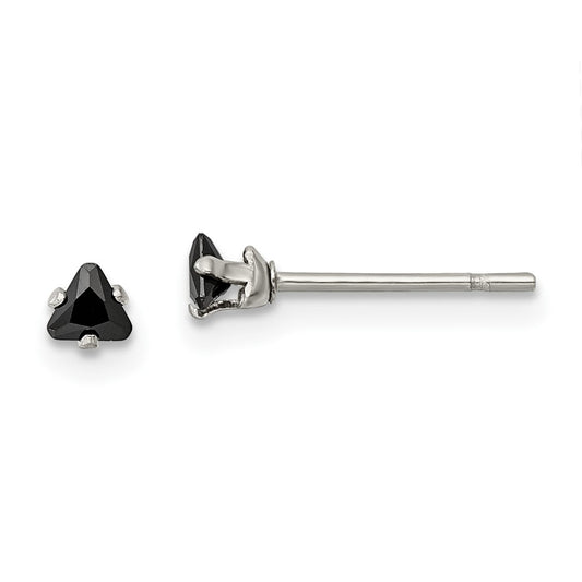Stainless Steel Polished 3mm Black Triangle CZ Stud Post Earrings