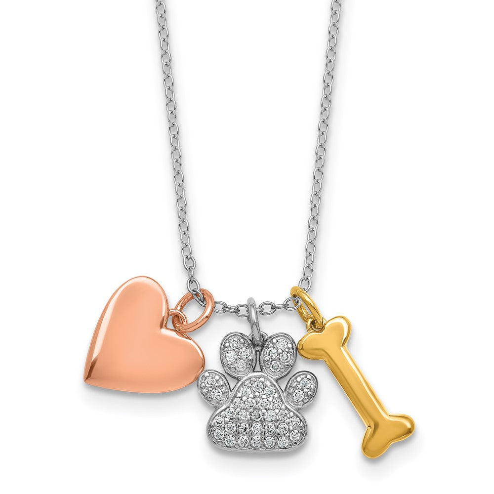 Sterling Silver Rose and Yellow Gold-plated Polished CZ Pawprint Heart and Bone 16 Inch with 2 Inch Extension Necklace 16 Inches