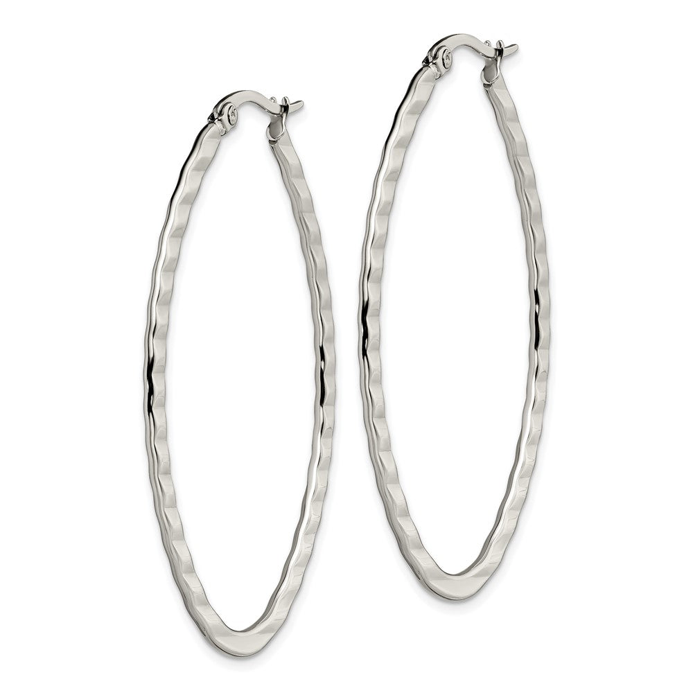 Stainless Steel Polished and Textured Oval Hoop Earrings