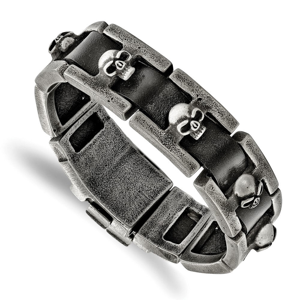 Stainless Steel Antiqued and Brushed Skull Black Leather 9in Bracelet 9 inches