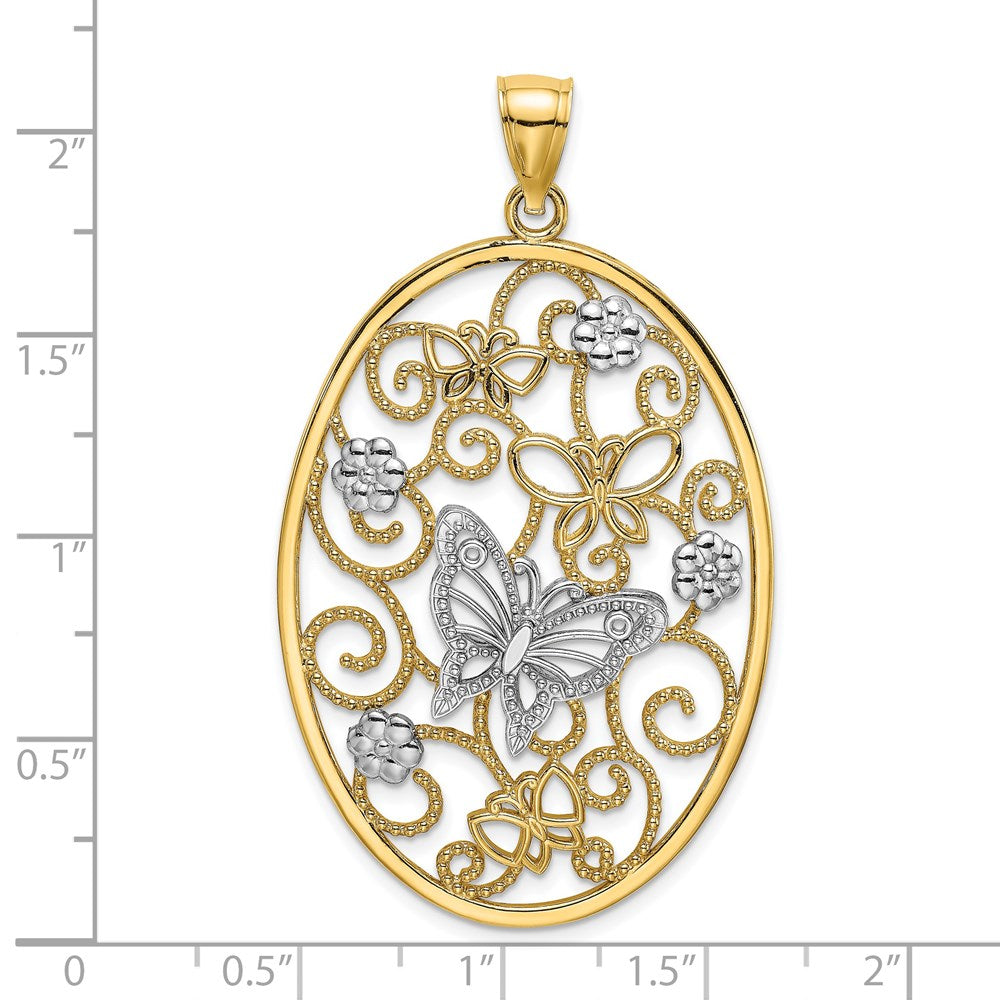 14k Two-Tone w/Rhodium Butterfly and Flowers in Oval Frame Charm