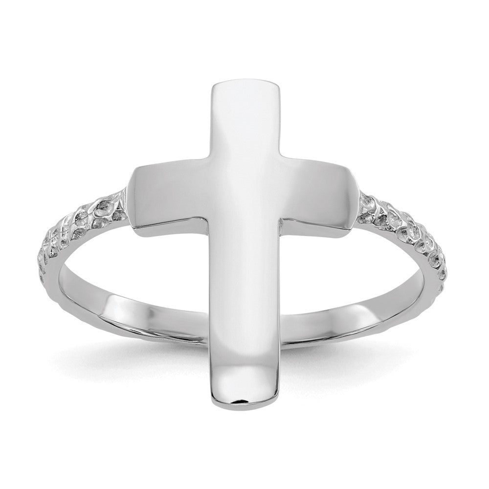 14k White Gold Polished Textured Cross Ring Size 7