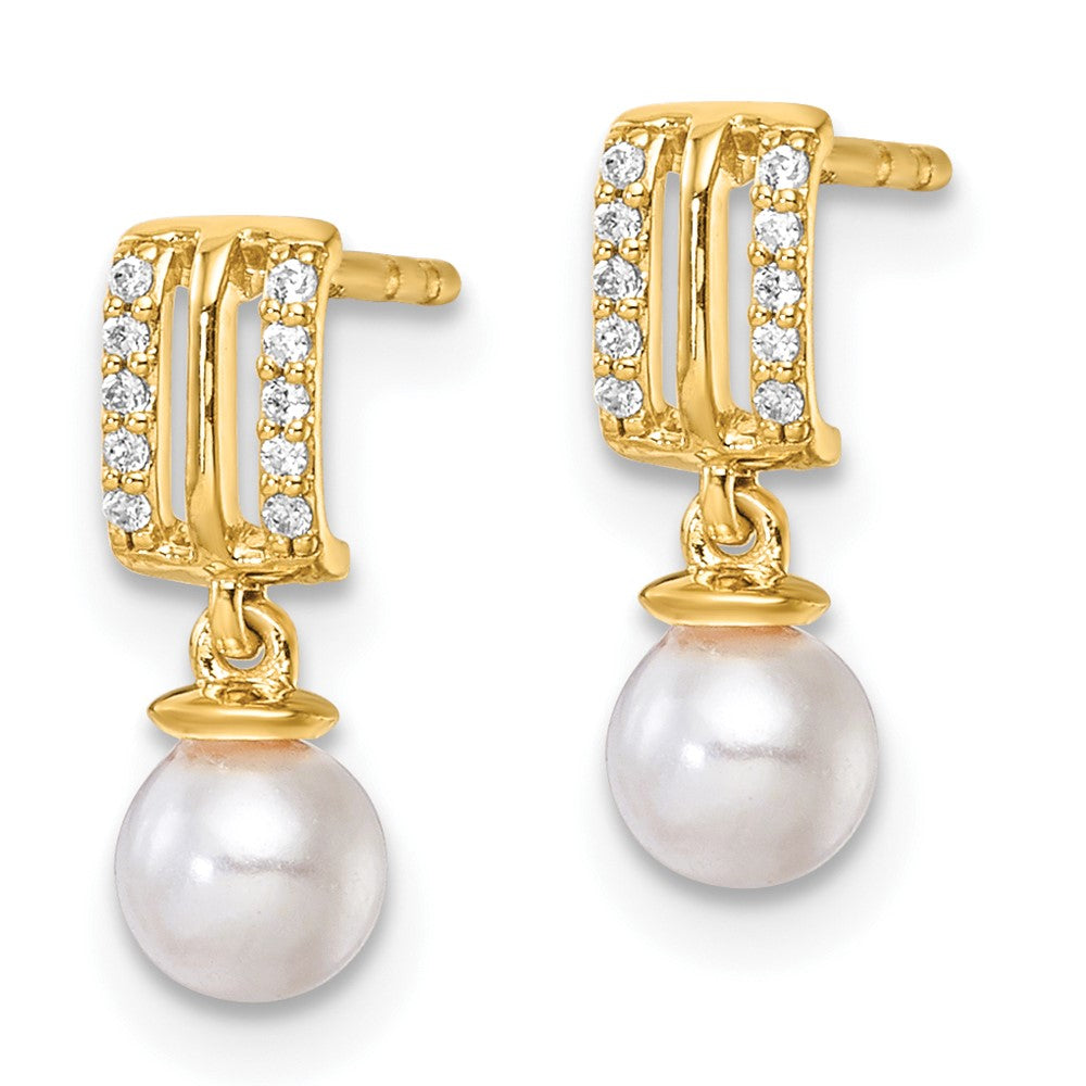 14K Polished Diamond and Pearl Dangle Post Earrings
