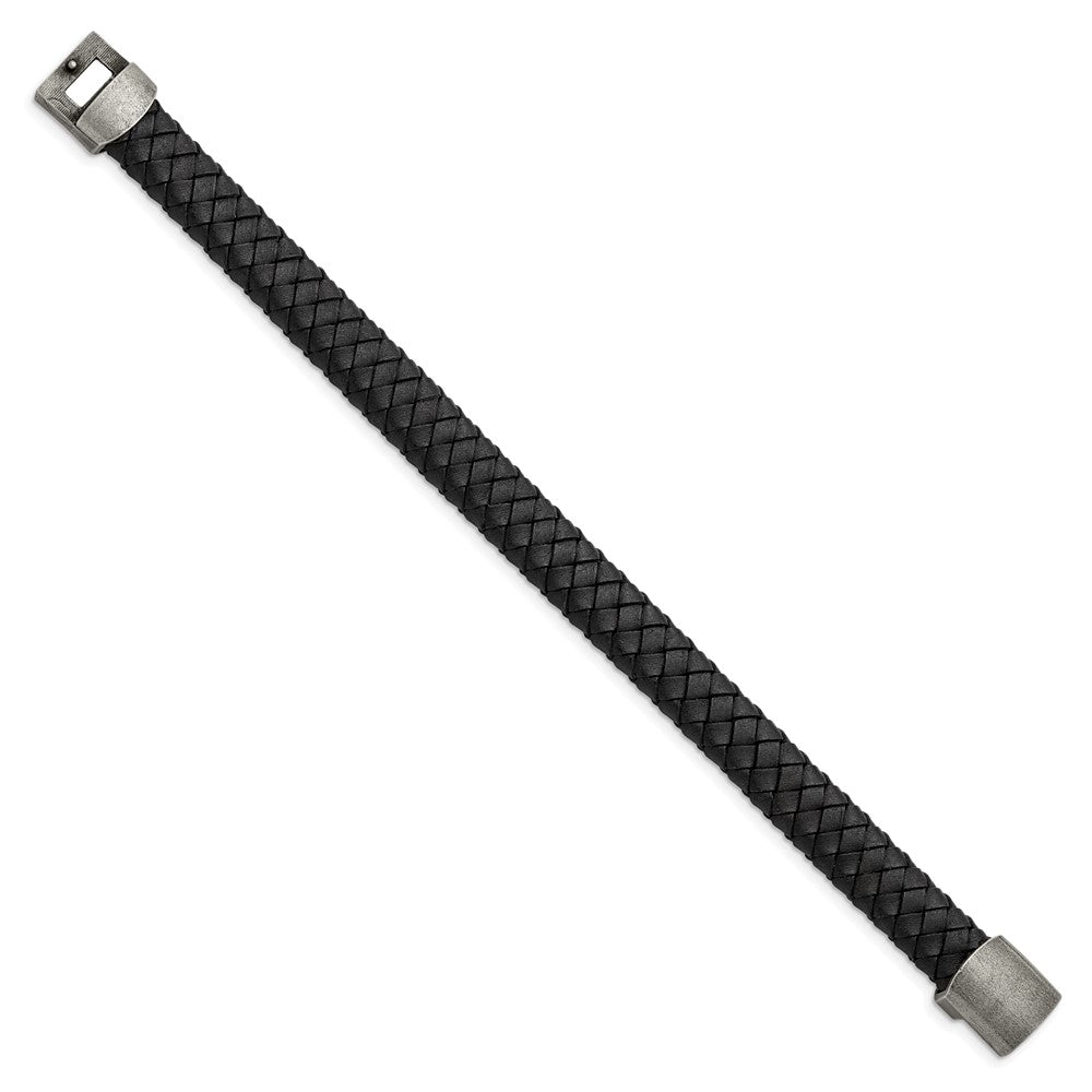 Stainless Steel Antiqued Black Leather 8.25in Bracelet 8.25 inches