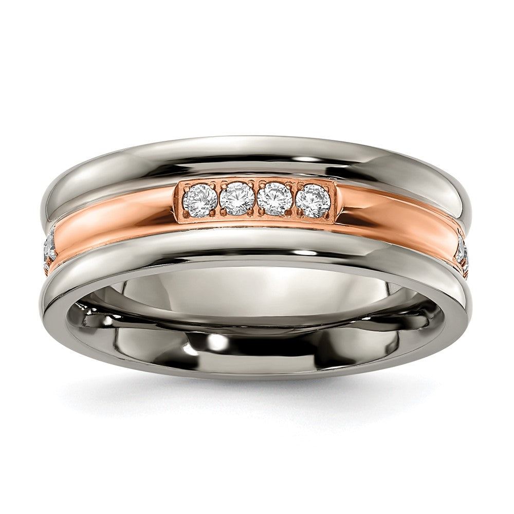 Titanium Polished Rose IP-plated with CZ 7.00mm Band Size - 9.5