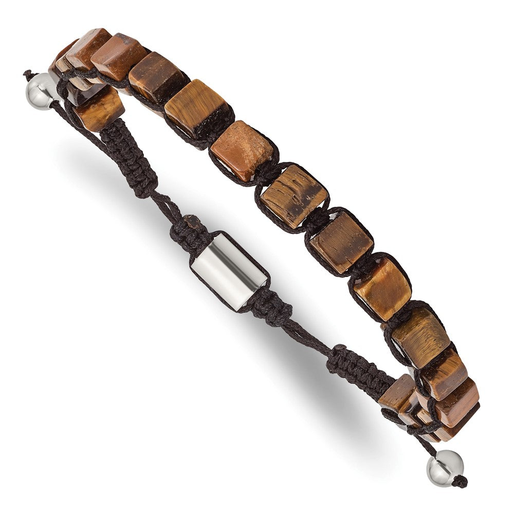 Stainless Steel Polished with Tiger's Eye Macrame Adjustable Bracelet 8.5 inches