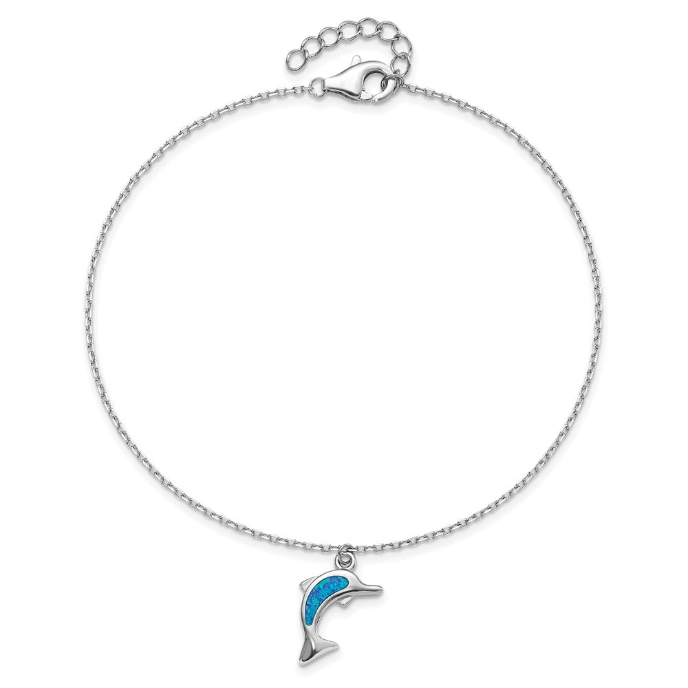 Sterling Silver Rhodium-plated Created Opal Dolphin 9 inch with an 1 inch extention Anklet 9 inches