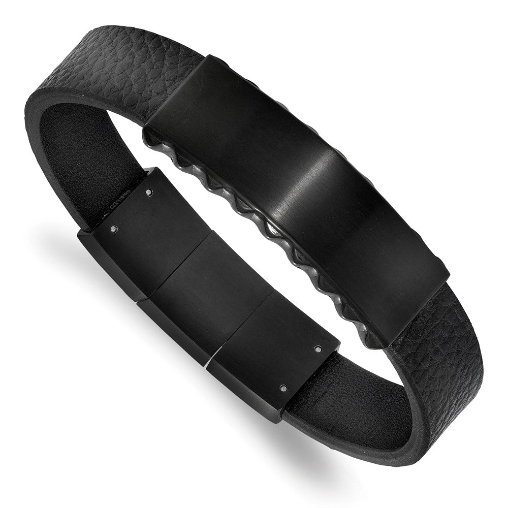 Stainless Steel Brushed & Polished Black IP Leather w/.5in ext. ID Bracelet 7.25 inches