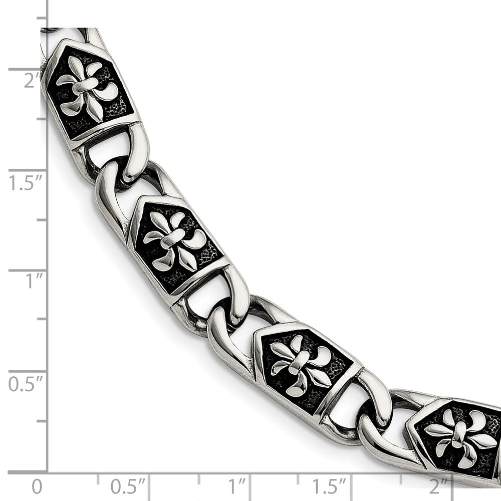 Stainless Steel Antiqued and Polished Fleur de Lis 8.75in Bracelet 8.75 inches