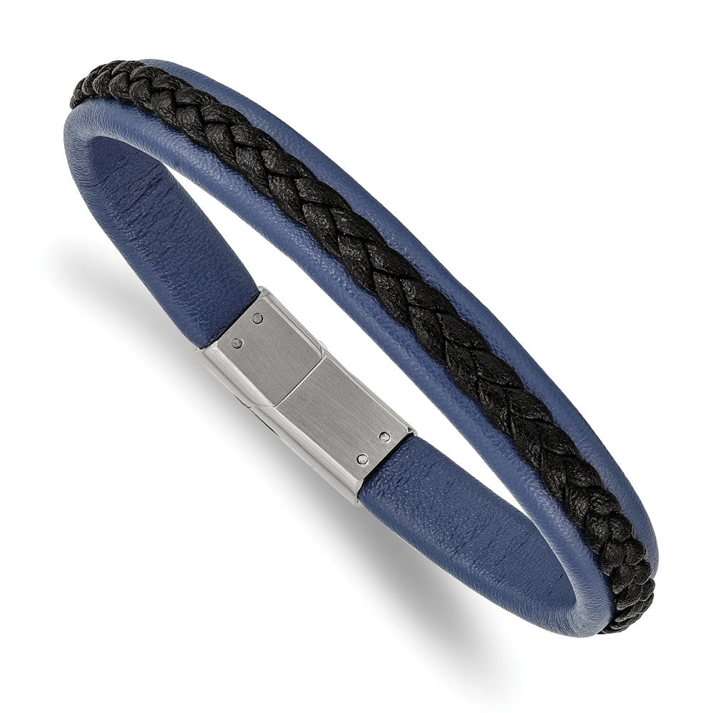 Stainless Steel Polished Blue and Black Faux Leather 8.25in Bracelet 8.25 inches