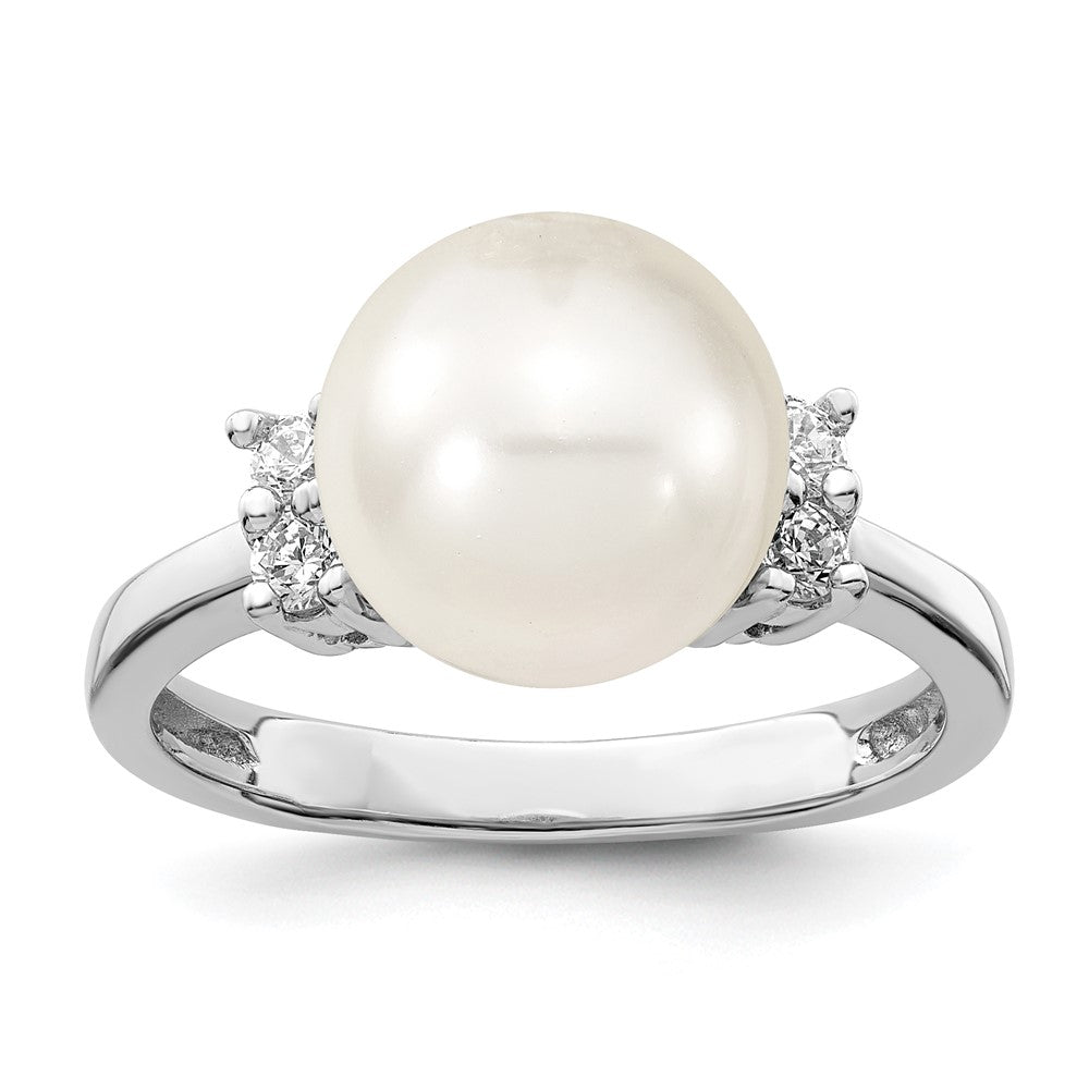 Majestik Sterling Silver Rhodium-plated Size 7 10-11mm White Imitation Shell Pearl and CZ Ring