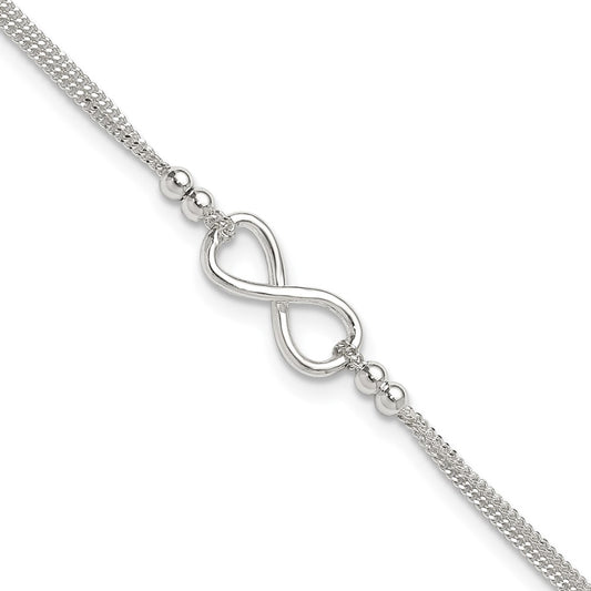 Sterling Silver 2-Strand Beaded Infinity Symbol 9in Plus 1in ext. Anklet 9 inches