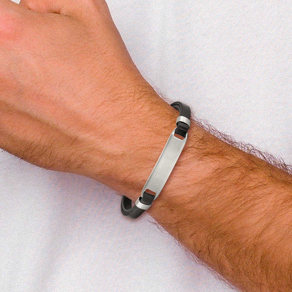 Stainless Steel Brushed Black Leather 8in w/ .5in ext. ID Bracelet 8 inches