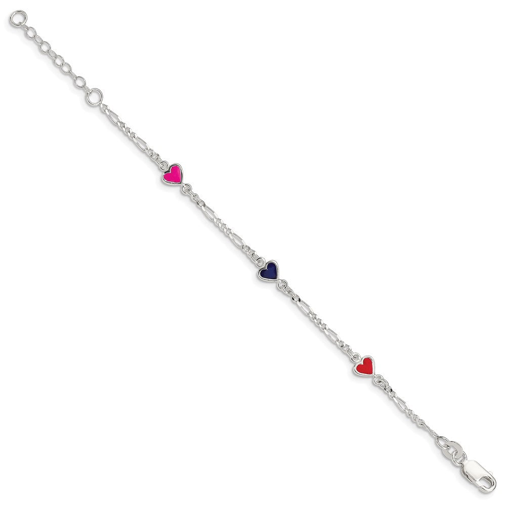 Sterling Silver Polished & Multi-color Enameled Hearts with 1 Inch Extension Children's Bracelet 6 inches