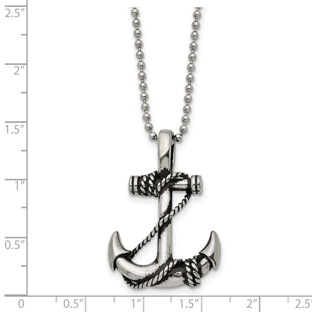 Stainless Steel Antiqued and Polished Anchor 22in Necklace