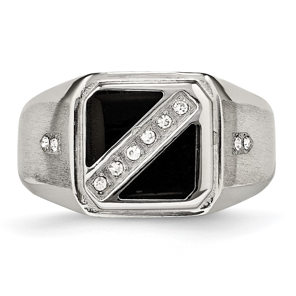 Stainless Steel Brushed and Polished w/Black Enamel CZ Ring Size - 11
