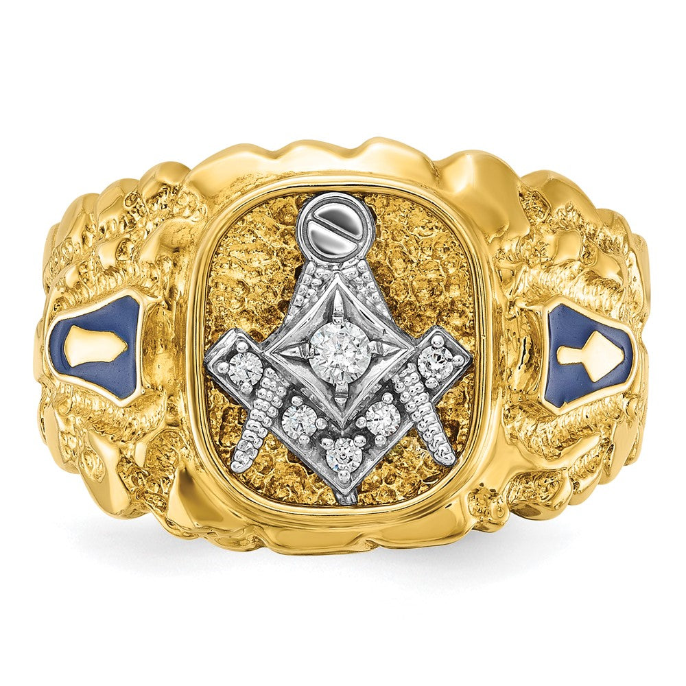 IBGoodman 14k Two-tone Men's Polished and Nugget Textured Diamond Blue Lodge Master Masonic Ring