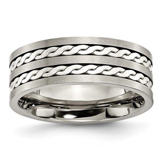Titanium Antiqued & Brushed w/Sterling Silver Braided Inlay 8mm Band Size - 9