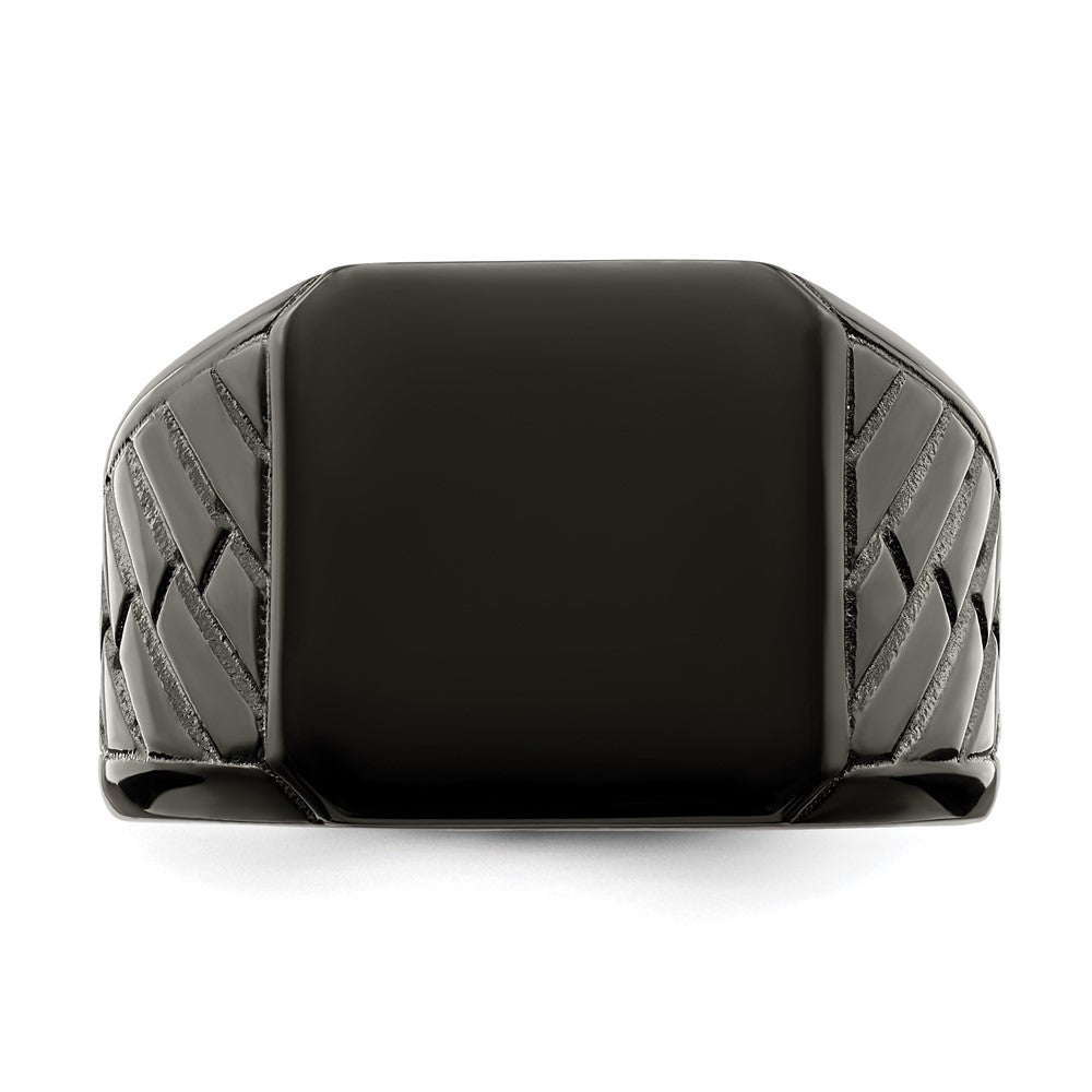 Stainless Steel Polished Black IP-plated Brick Design Signet Ring Size - 9
